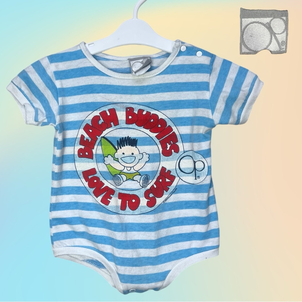 VTG 88' Ocean Pacific Blue/White S/S "Beach Buddies Love To Surf" Onesie 18mnths